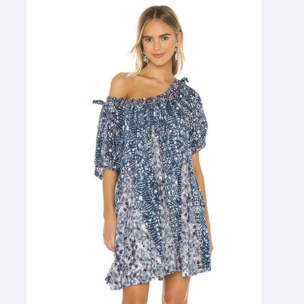 Free People Blue and White Off-Shoulder Mini Dress
